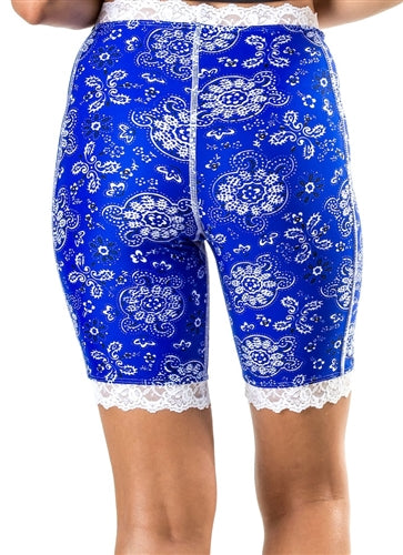 Blue bandana bloomers with lace waistband, lace hem, and front buttons