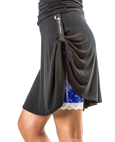 Blue bandana bloomers under black wrap skirt, lace hem visible