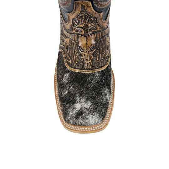 Boot cuff and toe: black-and-white cowhide with stitched leather edge and carved motif