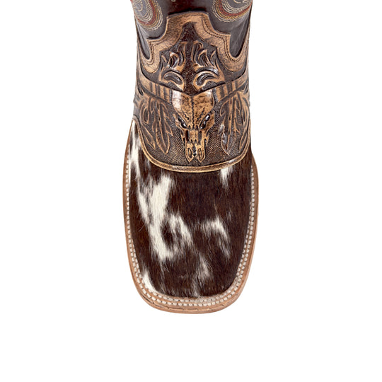 Cowhide boot vamp and toe: black-and-white hide with hand-tooled bulldog emblem