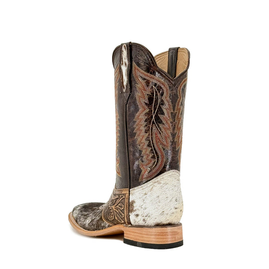 Men’s cowboy boots outer back view: tall shaft with speckled white-black cowhide panel