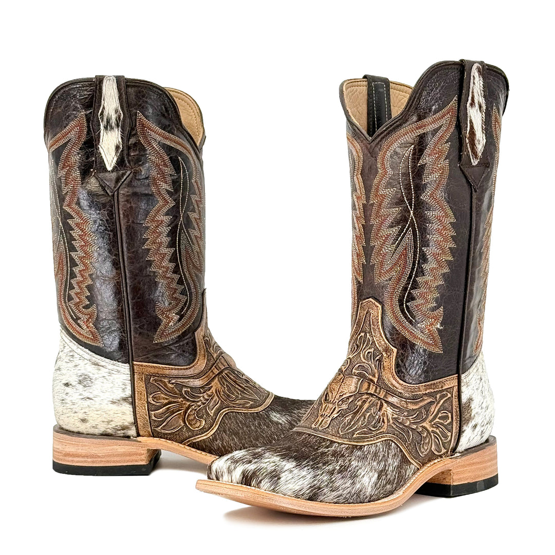Roman Boots TX RB men’s cowboy boots, dark leather with hand-tooled bulldog face