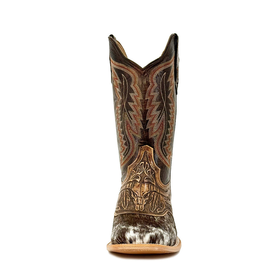Men’s cowboy boots front view: pointed toe, hand-tooled design, black-and-white cowhide