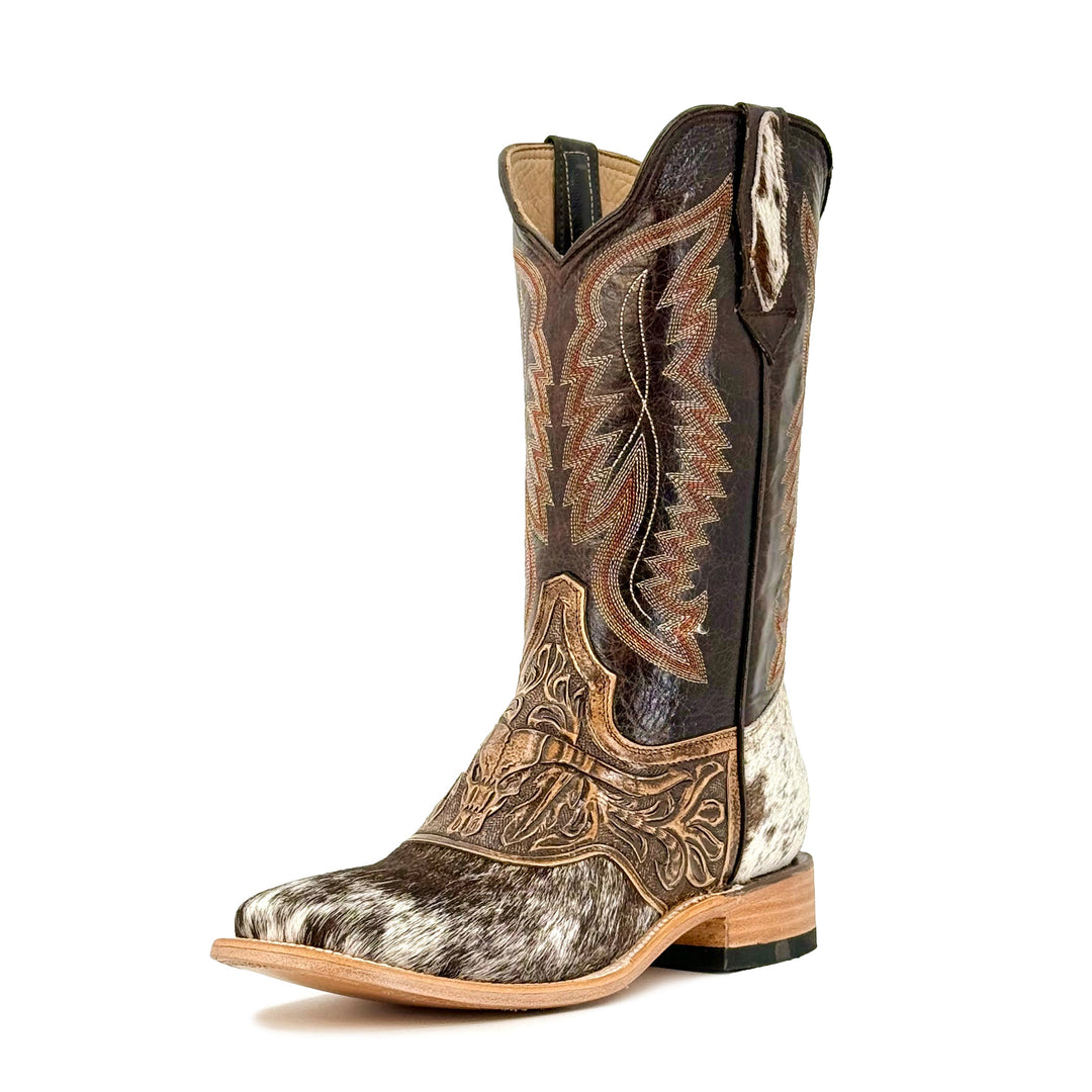 Men’s cowboy boots side view: dark shafts with hand-tooled accents and cowhide trim