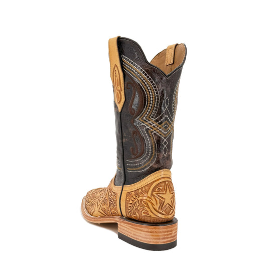 Heel and side view: dark cowboy boot with tan carved shaft panels and stacked heel