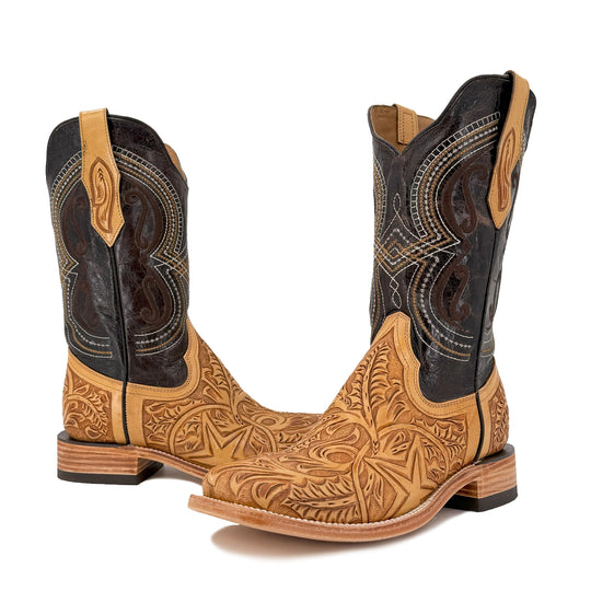 Bulldog hand-tooled cowboy boots, dark leather with tan embroidery and stitched V design
