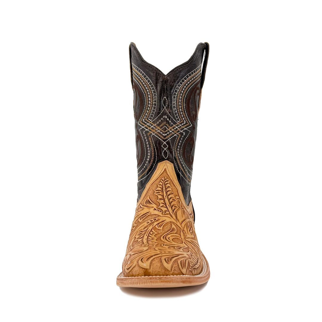 Boot shaft close-up: dark leather with tan carved section and fan-like stitched lines
