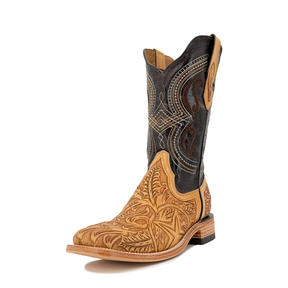 Side view cowboy boot, dark shaft with tan toe and stitched curved paneling