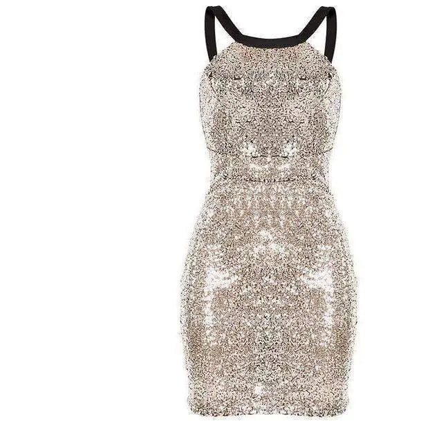 Champagne sequin mini dress with halter neck and black tie shoulder straps