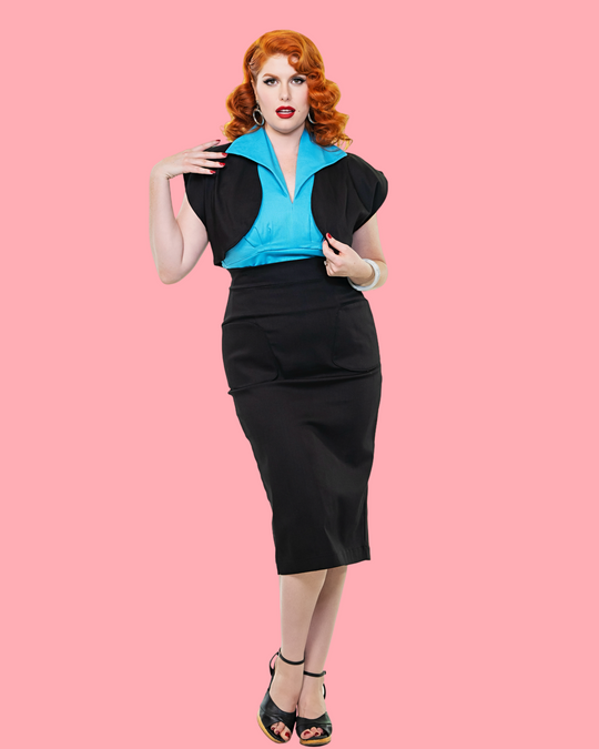 Classic Skirt &amp; Bolero Set with black pencil skirt, black open bolero, turquoise blouse