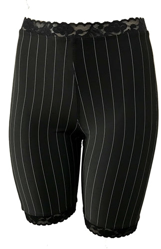 Black pinstripe bloomers with lace-trim waistband and scalloped hem
