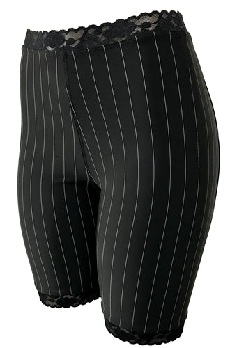 Black pinstripe bloomers, lace waistband and curved scalloped hem