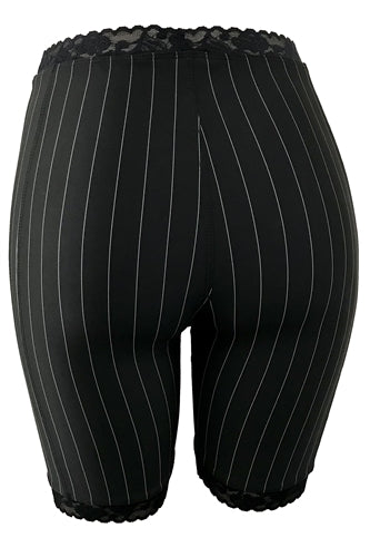 Black pinstripe bloomers with lace-trim cuffs and central V-shaped seam