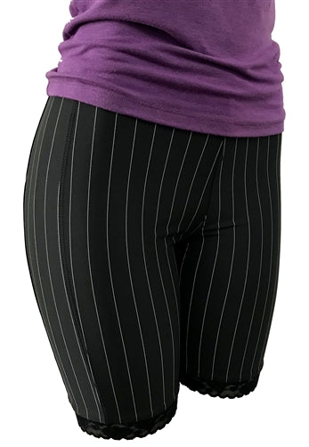 Black pinstripe bloomers with lace hem and purple waistband band