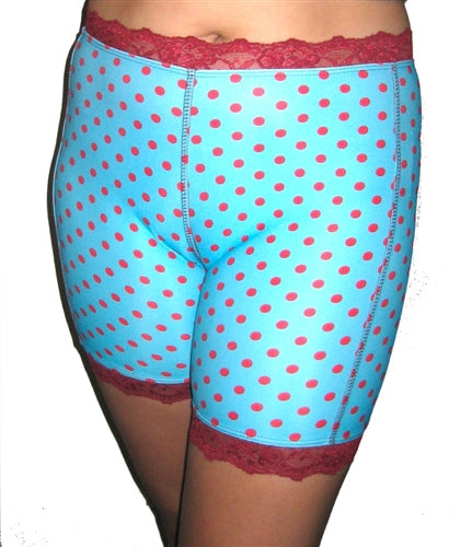 Aqua pettipants with red polka dots and burgundy lace trim at hem