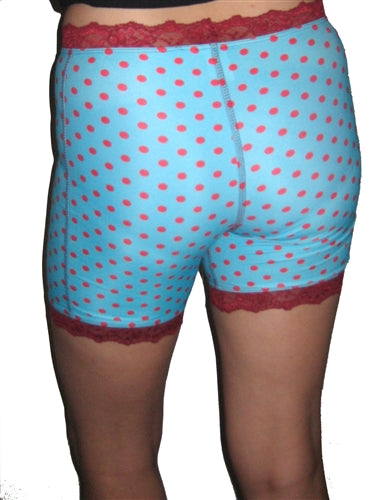 Aqua polka-dot pettipants with burgundy lace waistband and leg edges
