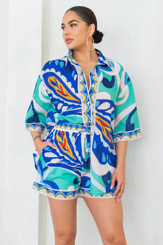 Joanna short set: collared button-up shirt and matching shorts in blue-teal print