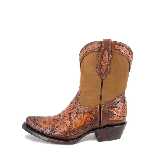 Tan ankle bootie with pointed toe, dark-brown floral tooling, pull-on style