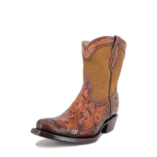 Front view tan cowboy bootie with flower hand-tooled detailing and low block heel