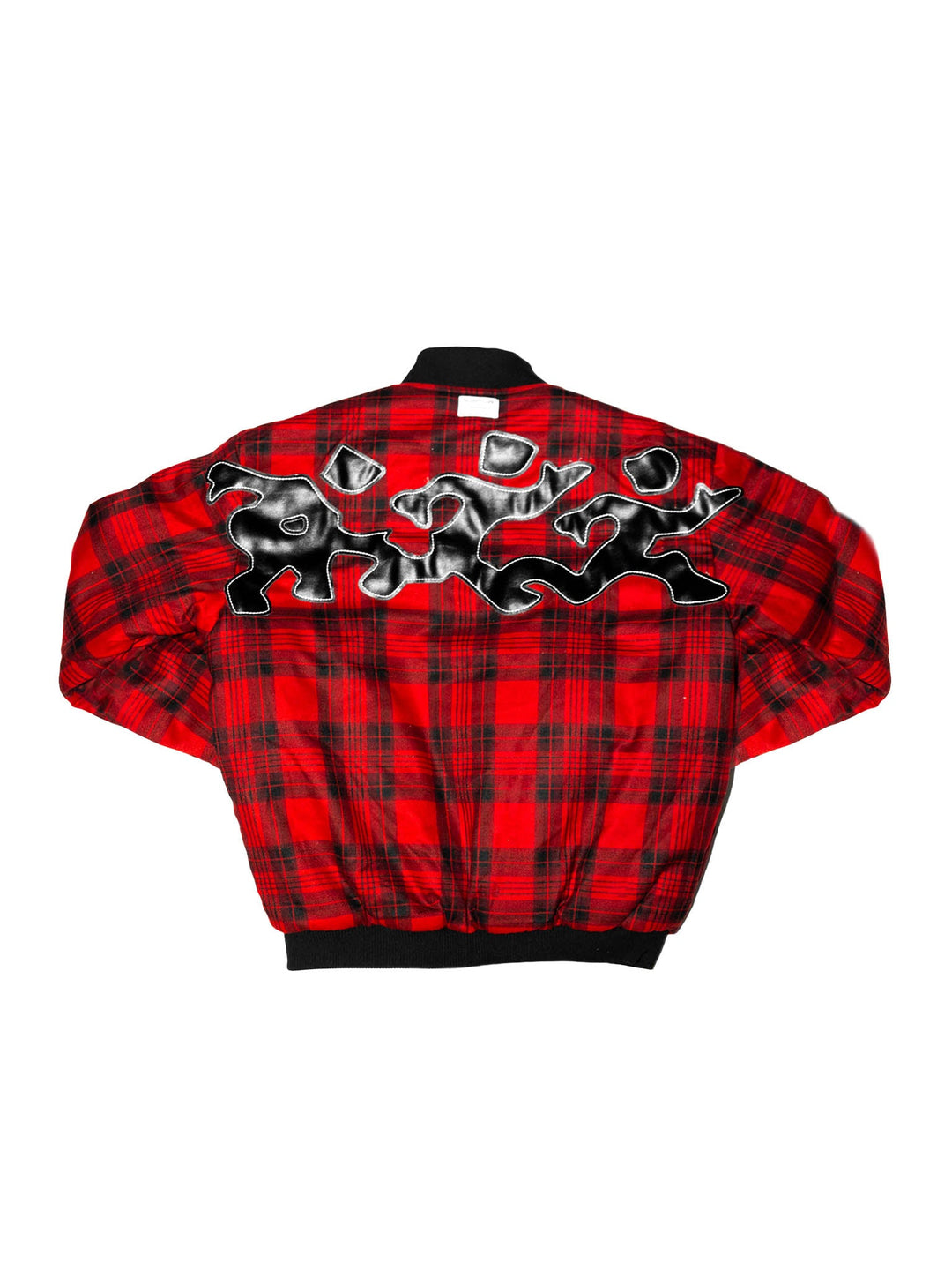 Reversible bomber back: red plaid with black-and-silver graffiti-style print