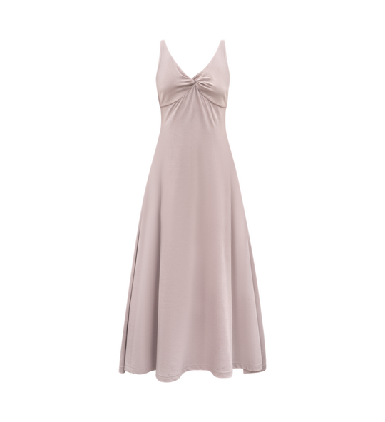 Dewdrop Dress light mauve midi slip with V-neck twist at bust and thin straps