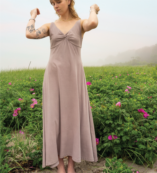 Dewdrop Dress in mauve, twist-front V-neck midi sundress with spaghetti straps