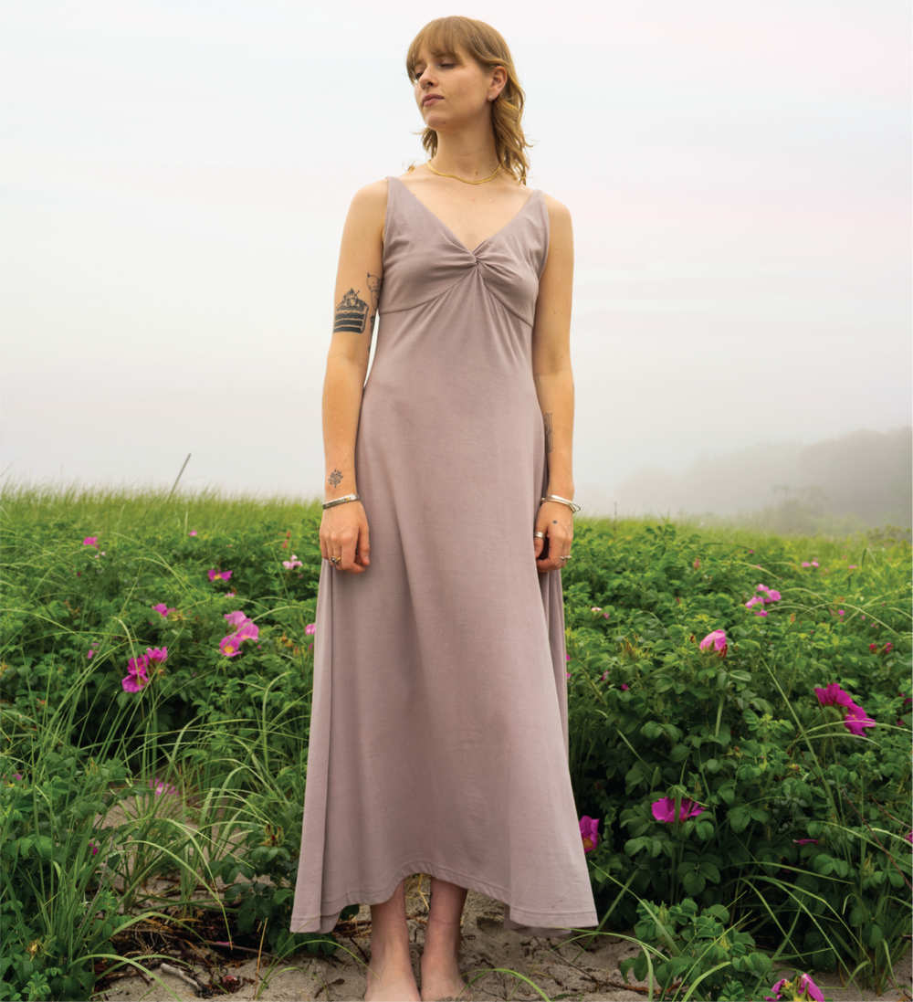 Bailey Renée Dewdrop Dress in mauve with gathered knot bodice and V-neck