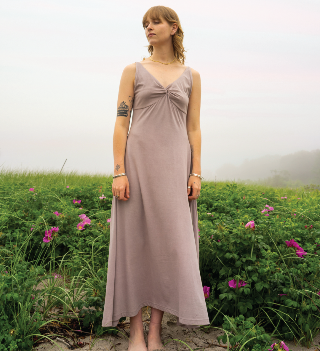 Bailey Renée Dewdrop Dress in mauve with gathered knot bodice and V-neck