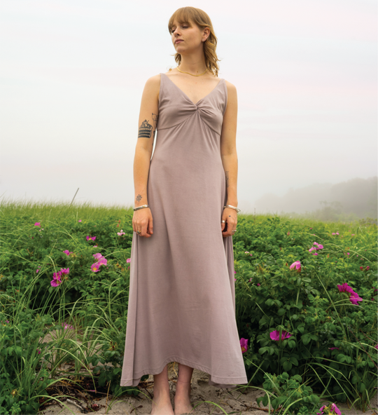 Bailey Renée Dewdrop Dress in mauve with gathered knot bodice and V-neck