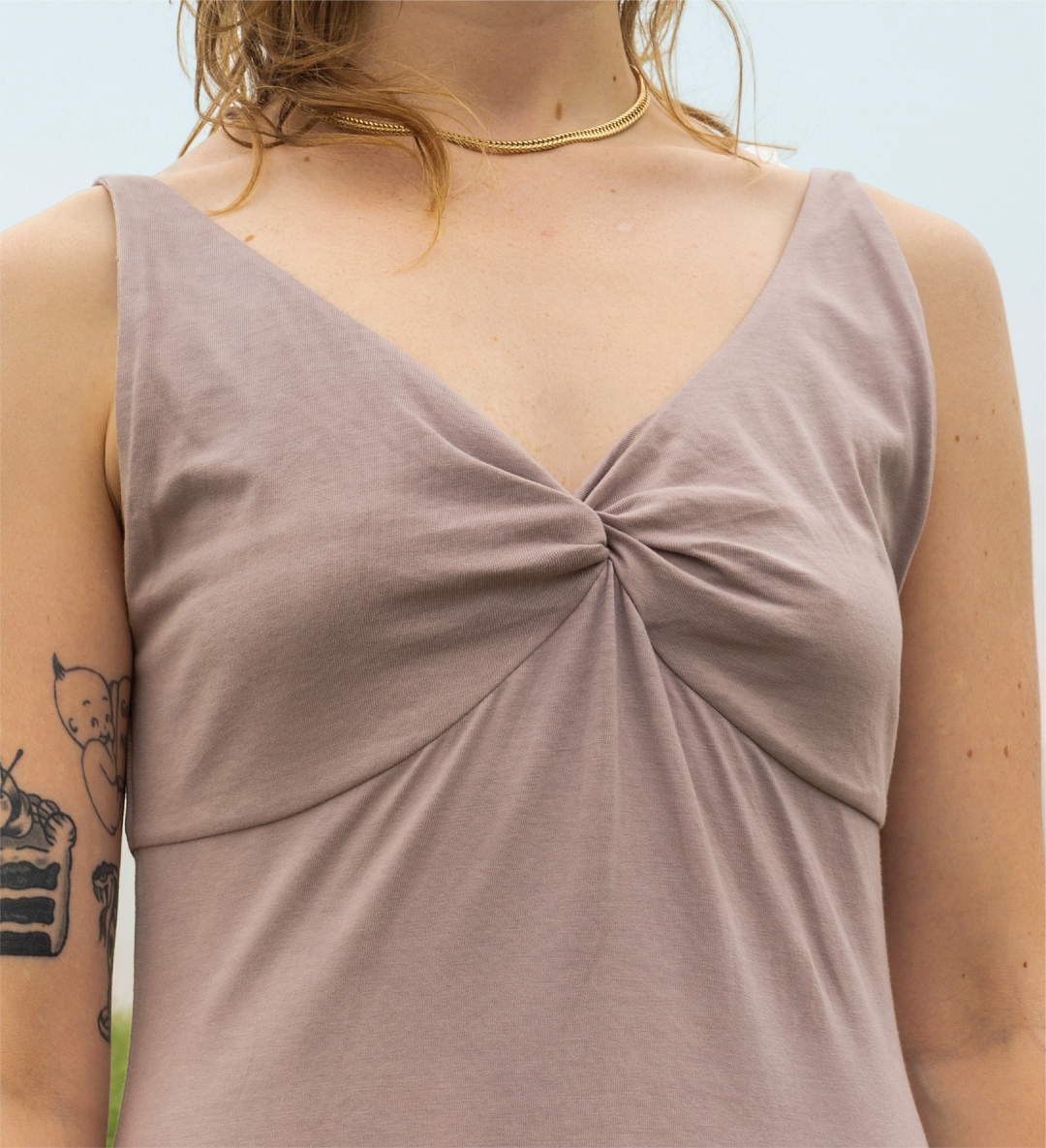 Dewdrop Dress mauve twist-bodice V-neck with ruched knot at the bust