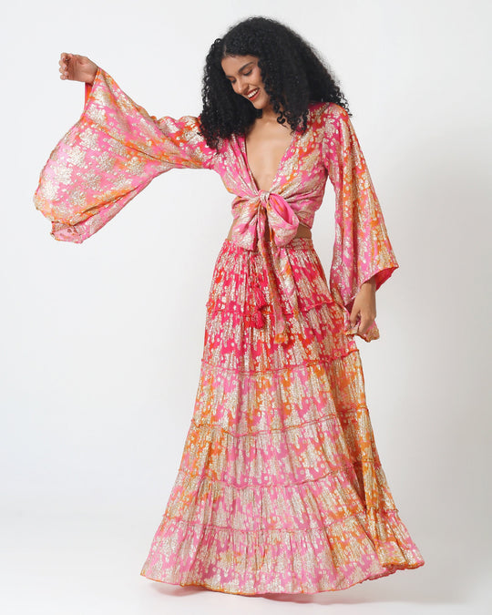 Bali skirt set: pink tiered maxi skirt with layered billowy top, knotted front