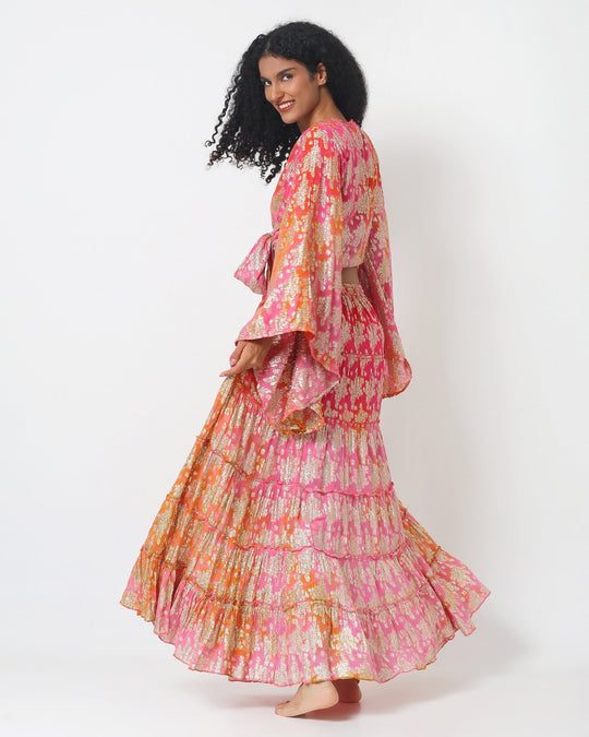 Bali skirt set with tiered maxi skirt and flowing three-quarter sleeves, pink-gold print
