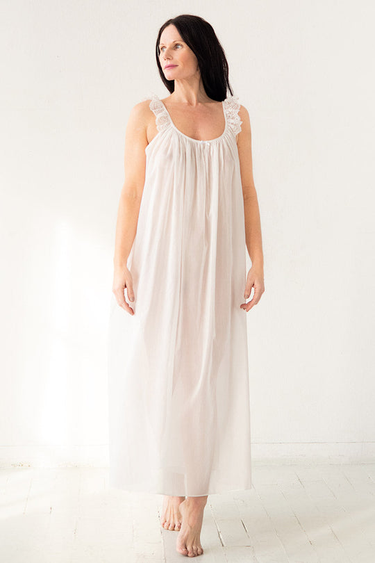 Pearl long nightgown with lace straps, scoop neckline, relaxed A-line drape