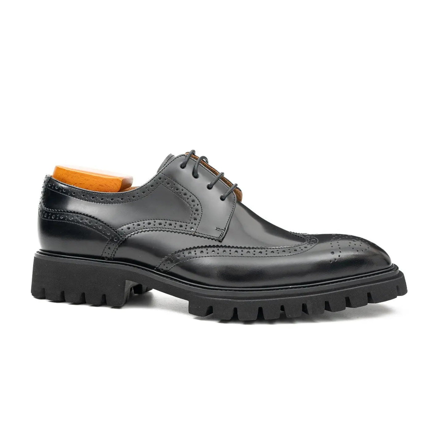 Black derby brogue shoes, lace-up style with perforated wingtip and chunky sole