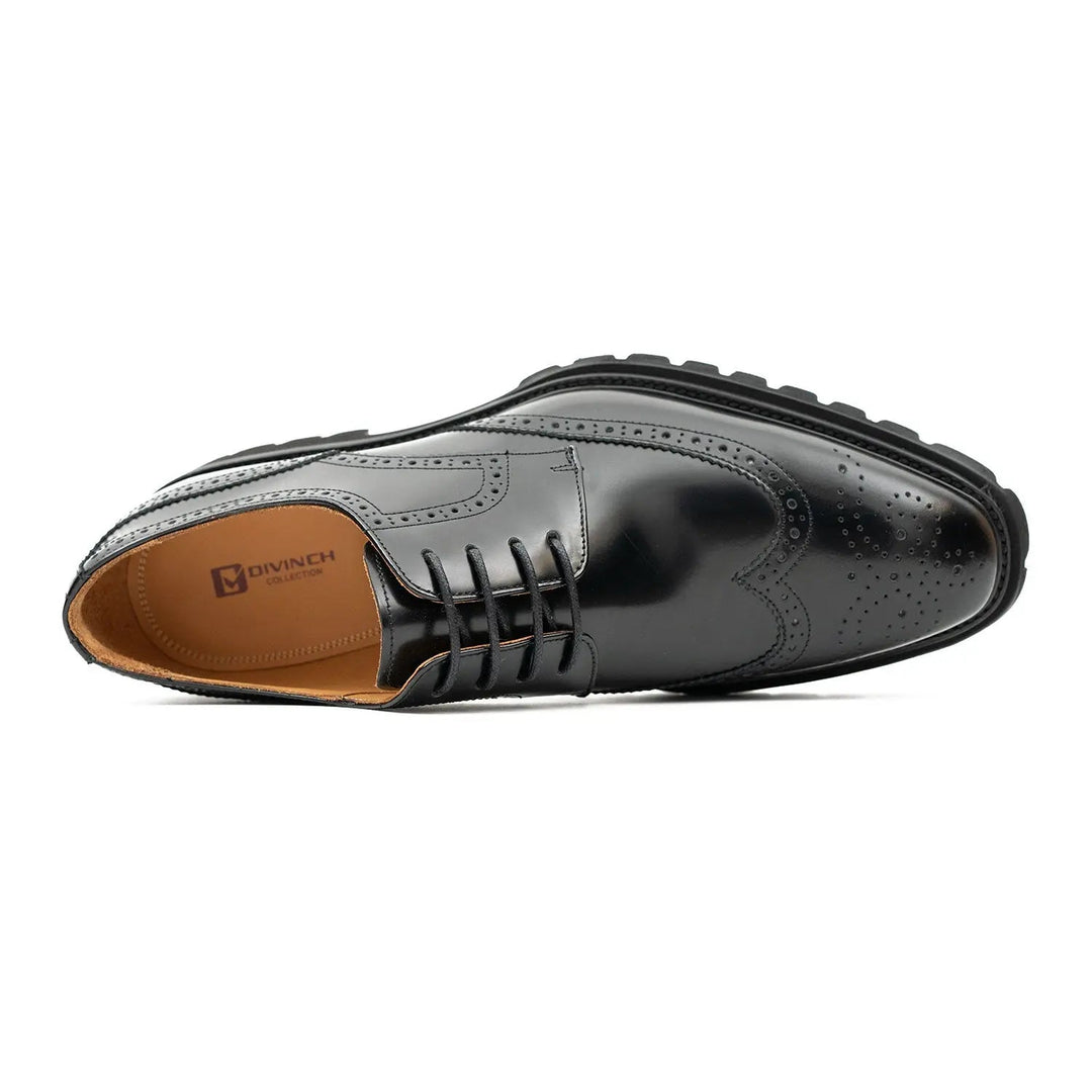 DV DIVINCH black derby brogue shoe showing insole and lace-up front