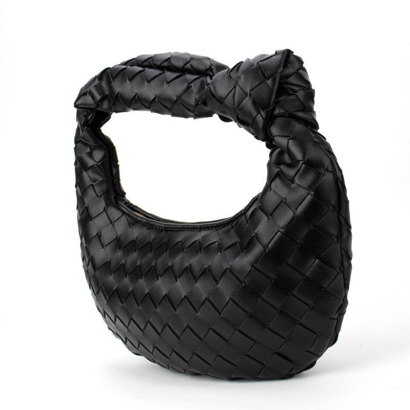 Knotted woven handbag in black, arched handle with woven pattern