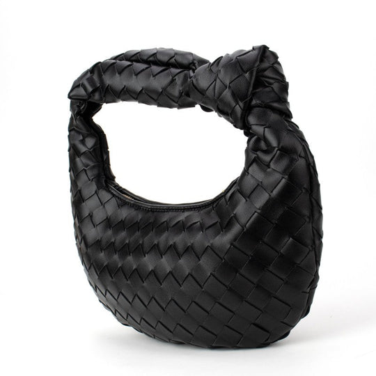 Knotted woven handbag in black, arched handle with woven pattern