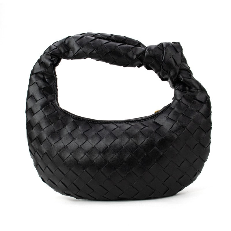 Knotted woven handbag in solid black, knotted handle, woven texture