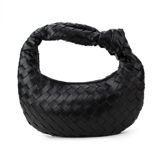 Knotted woven handbag in solid black, knotted handle, woven texture