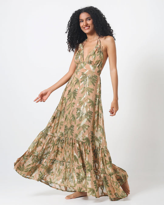 Lima Dress, halter neck with tie, flowing tiered maxi skirt, green leaf print
