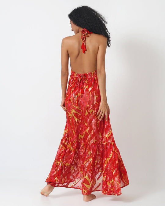 Back view Buenos Aires Dress, open-back halter tie and tiered maxi skirt
