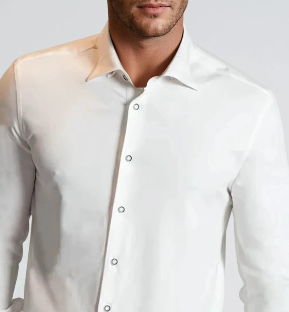 White button-up shirt close-up, spread collar and button-front placket, smooth fabric