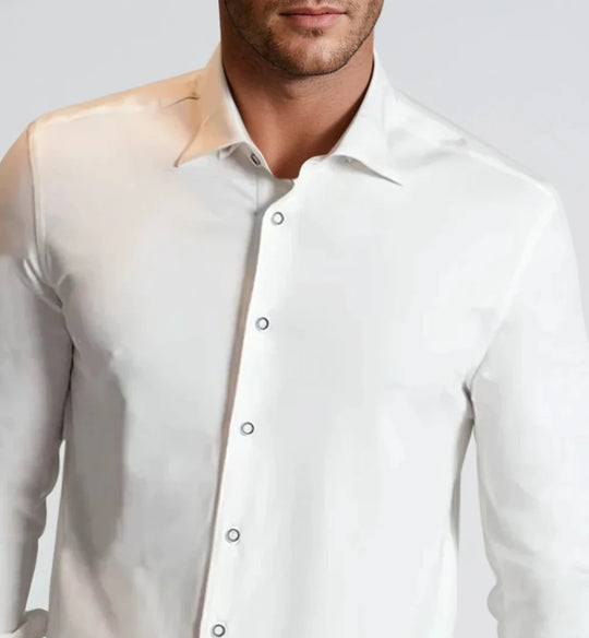 White button-up shirt close-up, spread collar and button-front placket, smooth fabric