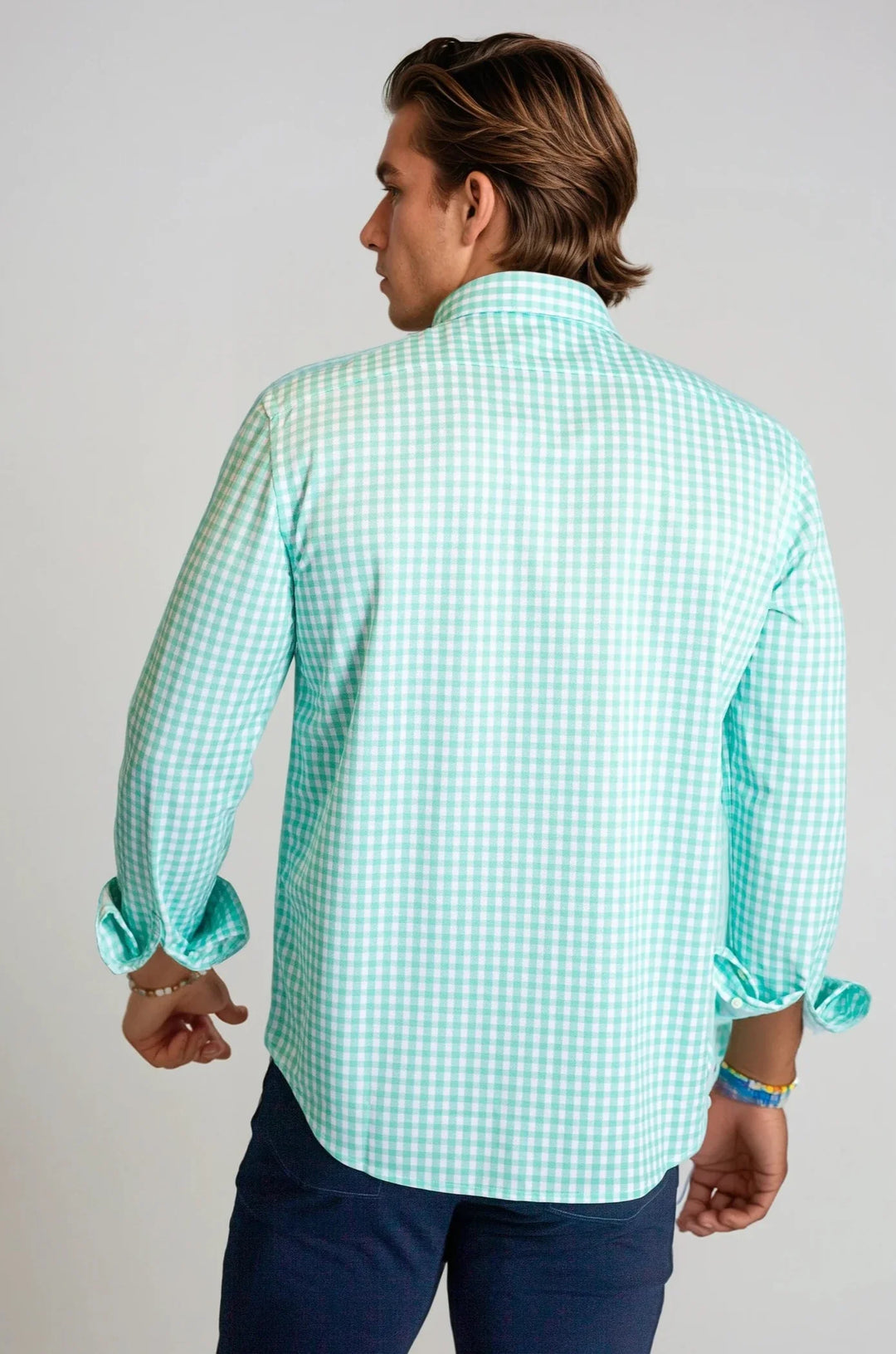 Emerald gingham button-up dress shirt on model, back view, long sleeves