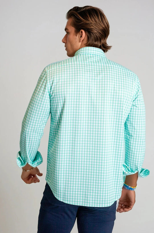 Emerald gingham button-up dress shirt on model, back view, long sleeves