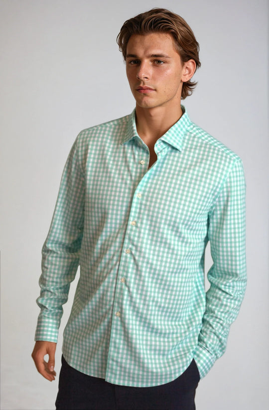 Emerald gingham button-up dress shirt on model, front view, long sleeves