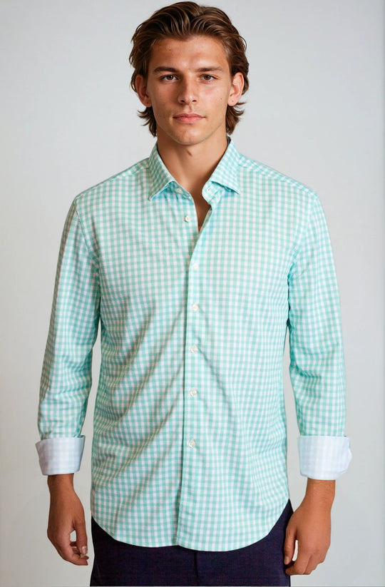 Emerald gingham button-up dress shirt on model, front view, long sleeves