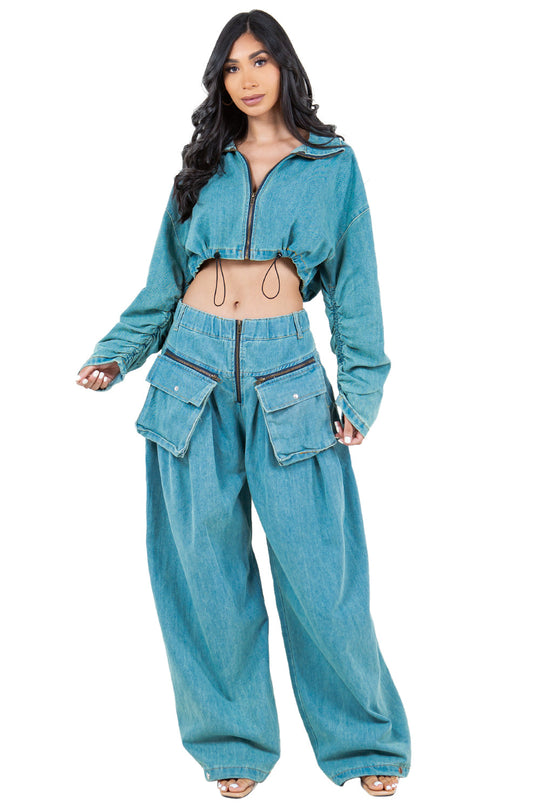 BY CLAUDE denim two-piece set: cropped zip jacket and wide cargo pants, blue