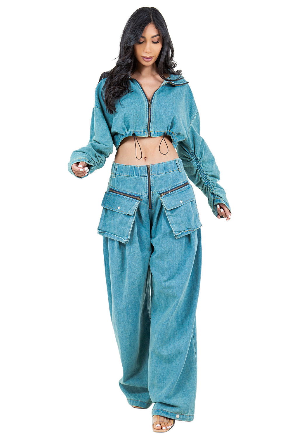 Denim two-piece set in blue: zip-up cropped jacket with ruched waist, cargo pants