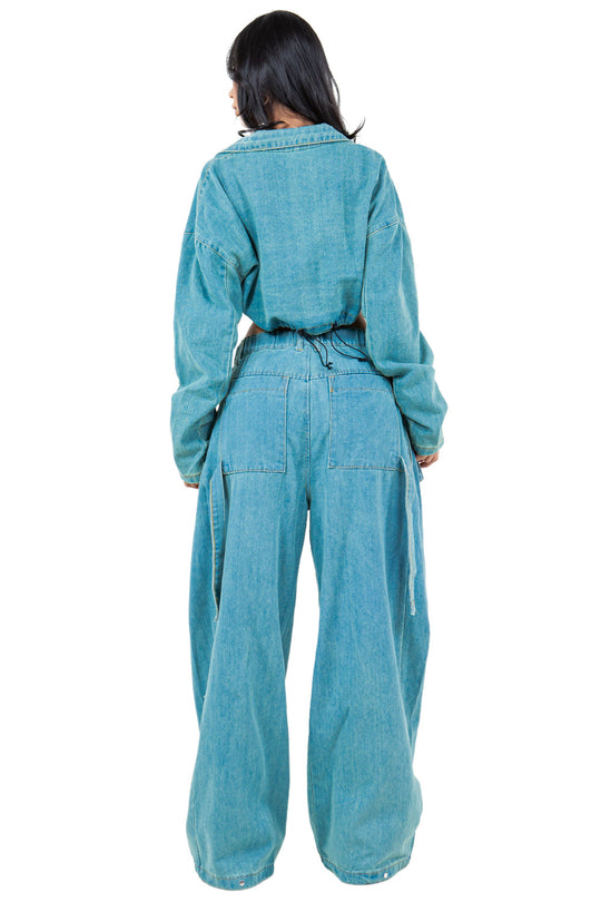 Blue denim two-piece set, back view: cropped zip jacket and cargo pants with patch pockets